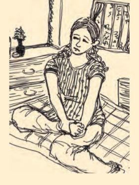 फर्श पर चटाई पर बैठी एक लड़की अपना एक पैर हाथ में पकड़े हुए है और उसे दबा रही है।