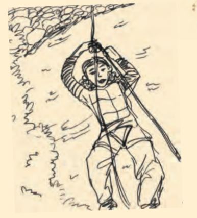 एक लड़की रस्सी के सहारे चढ़ रही है।