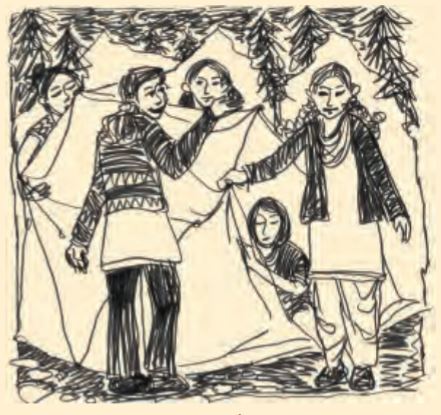 कुछ लड़कियां प्लास्टिक शीट का उपयोग करके खुले क्षेत्र में टेंट हाउस लगा रही हैं।