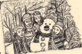 एक स्नोमैन के साथ खेलती लड़कियां, स्नोमैन बर्फ के गोले से बने प्राणी की तरह एक आदमी जैसा लगता है।