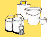 पैंट की बाल्टियाँ और ब्रश।