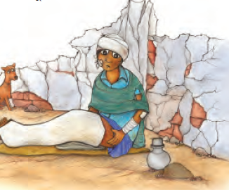 टूटी हुई इमारत के पास जमीन पर चटाई पर बैठी एक लड़की, लड़की के एक पैर को प्लास्टर से ढक दिया जाता है और उसके पास पानी का एक छोटा बर्तन रखा जाता है। साथ ही बिल्डिंग के पास एक कुत्ता बैठा है।