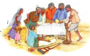 कुछ आदमी इकट्ठे हुए कागज की एक बड़ी शीट को देख  कुछ चर्चा कर रहे हैं , जबकि अन्य उन्हें सुन रहे हैं ।