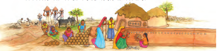 गाँव के लोग पत्थरों और मिट्टी से छोटे-छोटे घर बना रहे हैं।