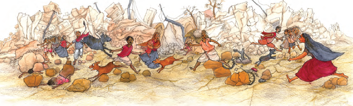 भूकंप के बाद के प्रभावों को दर्शाने वाली एक तस्वीर। इमारतें तबाह हो गई हैं, लोग इधर-उधर भाग रहे हैं, कुछ लोगों की मौत हो चुकी है और उनके शव जमीन पर पड़े हैं।