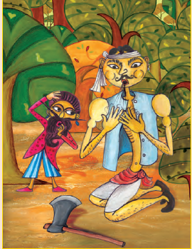 एक आदमी अपने  हाथों पर मुंह से फूंक मार रहा है जबकि एक मियां बालिशित  हैरत से उसकी तरफ देख रहे हैं। बलिशित एक जंगल में रहने वाला छोटे कद का इंसान है।