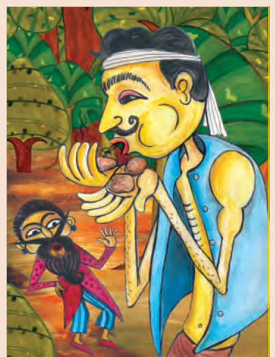 लकड़हारे ने अपने हाथों में आलू लिए हैं  और उन पर फूँक मार रहा है और बालिशित  उसे हैरान हो कर देख रहा है।