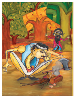 अब वह लकड़हारा लकड़ियों पर आग सुलगाने  के लिए  फूँक मार रहा है और बलिशित हैरान है।