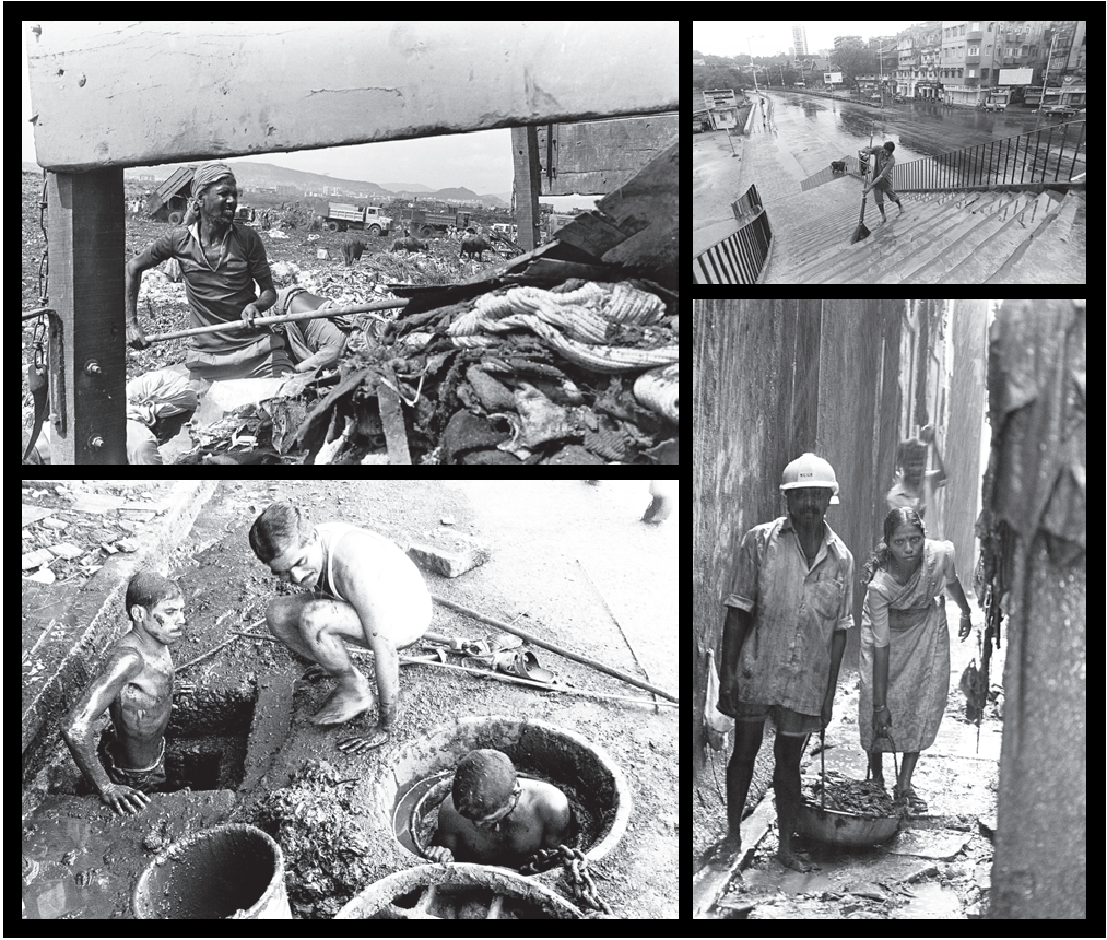 पहली तस्वीर में एक आदमी को कचरा घर में सफाई करते हुए दिखाया गया है, दूसरी छवि में एक आदमी को सीढ़ियों की सफाई करते हुए दिखाया गया है, तीसरी छवि में एक आदमी को गटर की सफाई करते हुए दिखाया गया है, आखिरी तस्वीर में एक आदमी और एक महिला को एक निर्माण स्थल के पास काम करते हुए दिखाया गया है।