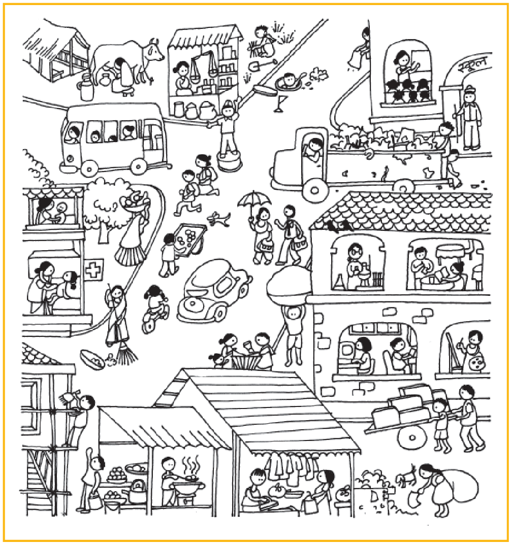 निम्नलिखित कार्य दिखाए गए हैं- 1. गाय दुहने वाली महिला 2. बस में सवार एक पुरुष।3. घर में अपने बच्चे की देखभाल करती महिला।४.अस्पताल में बच्चे की जाँच करती डॉक्टर।५। एक आदमी एक घर पेंट कर रहा है।6। एक दुकान में सामान बेचती एक महिला। 7. एक यातायात पुलिसकर्मी वाहनों को आगे बढ़ने के लिए मार्गदर्शन करता है। एक महिला अपने बच्चे को स्कूल छोड़ रही है।9. एक आदमी ठेले पर फल बेच रहा है.10. एक आदमी मिठाई बेच रहा है।११.एक शिक्षक कक्षा में पढ़ा रहा है।१३। ट्रक पर सवार एक आदमी।१४। सड़क से कचरा इकट्ठा करती महिला।15. हाथ में झाड़ू लेकर सड़क की सफाई करती महिला।