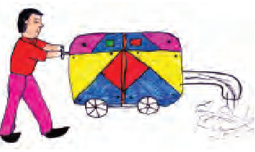 एक आदमी एक मशीन को हाथों से आगे धकेल रहा है और उस मशीन के आगे पानी की पाइप लगी है।