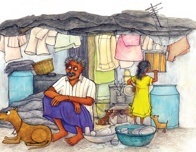 एक छोटी सी झोंपड़ी में एक आदमी फर्श पर बैठा है। रस्सी पर लटके कुछ कपड़े हैं। एक लड़की खड़ी है और खिड़की से बाहर देख रही है। चारो तरफ रखी टोकरी में कुछ बर्तन पड़े हैं और आदमी के पास एक कुत्ता बैठा है। 