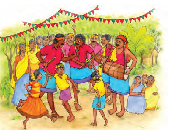 बच्चे नाच रहे हैं और कुछ आदमी जंगल में ढोल बजा रहे हैं। 