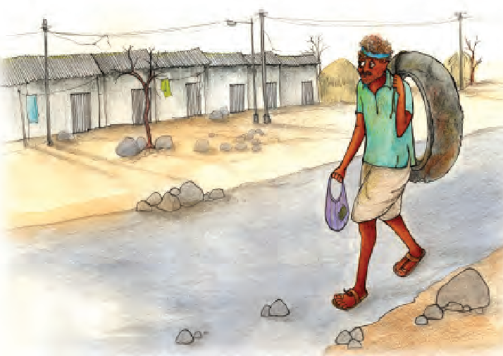 कंधे पर टायर लिए गांव में सड़क पर टहलता एक बूढ़ा। 