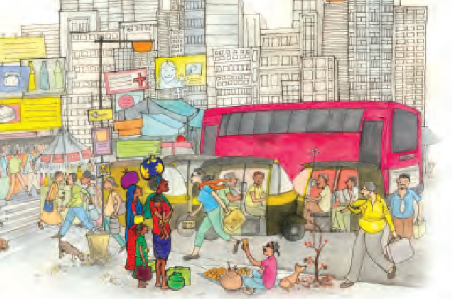 ऊंची इमारतों और सड़क पर चलने वाले वाहनों के साथ एक व्यस्त सड़क। कुछ भिखारी फुटपाथ पर बैठे हैं तो कुछ दुकानदार फुटपाथ पर घूम रहे हैं। 