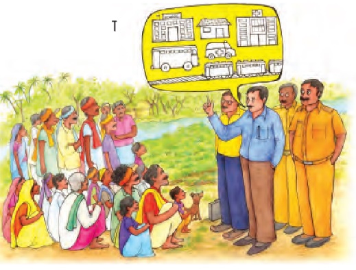 एक गांव में लोग जमीन पर बैठे हैं और कुछ लोगों द्वारा अच्छी सड़कों के बारे में दिए गए निर्देशों को सुन रहे हैं। 