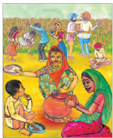 दो औरतें एक खुले मैदान में बैठ कर खाना बना रही हैं। कुछ बच्चे खेल रहे हैं जबकि पुरुष खेती में व्यस्त हैं।