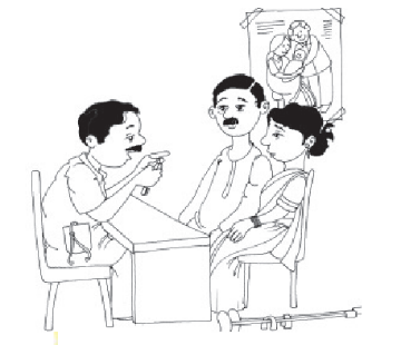 एक औरत आउए एक आदमी डॉक्टर से बात कर रहे हैं। एक कुर्सी पर डॉक्टर बैठा है और बीच में मेज है। दूसरी तरफ कुर्सियों पर आदमी और औरत बैठे हैं।