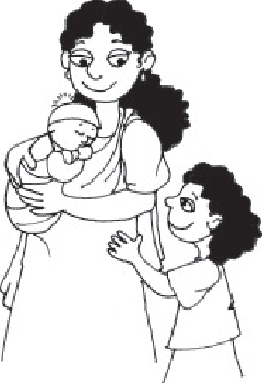 गोद में एक छोटे बच्चे को लिए एक महिला और उनके साथ एक लड़की खड़ी है।