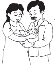 एक छोटे बच्चे को एक साथ पकड़े हुए एक पुरुष और एक महिला।