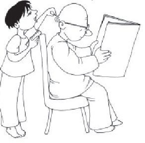 एक बूढ़ा आदमी कुर्सी पर बैठकर किताब पढ़ रहा है, जबकि एक लड़का हाथ में कंघी लिए हुए बूढ़े के बालों को छू रहा है।