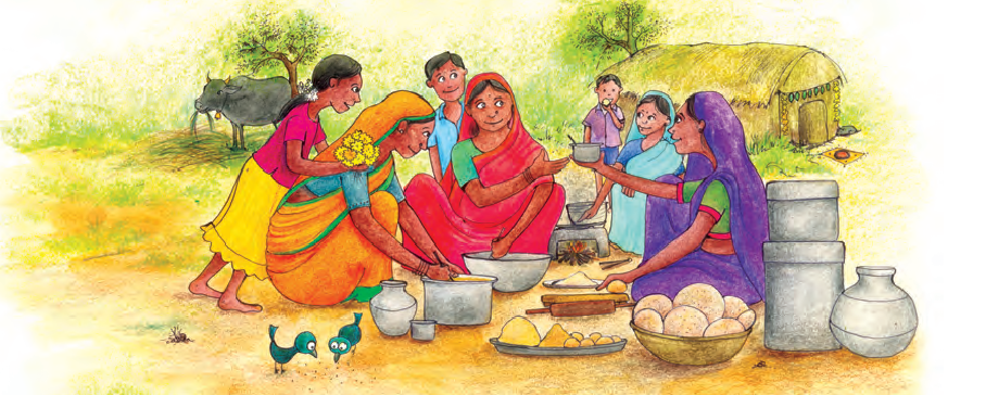 एक गांव में महिलाएं जमीन पर बैठकर खाना बना रही हैं। उनके पास बर्तन रखे हुए हैं और बच्चे इधर-उधर घूम रहे हैं।