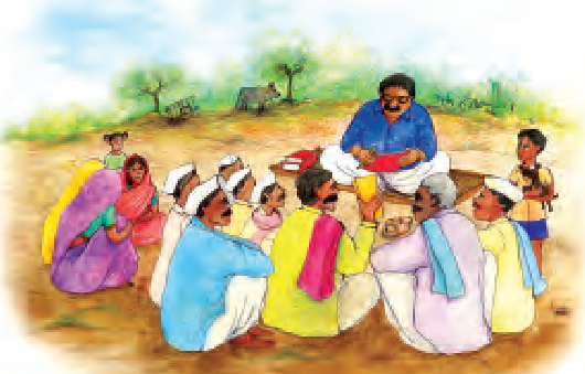 एक गाँव में एक आदमी चारपाई पर हाथ में किताब लिए बैठा है, जबकि कुछ आदमी और औरतें फर्श पर बैठे हैं और उसे सुन रहे हैं।