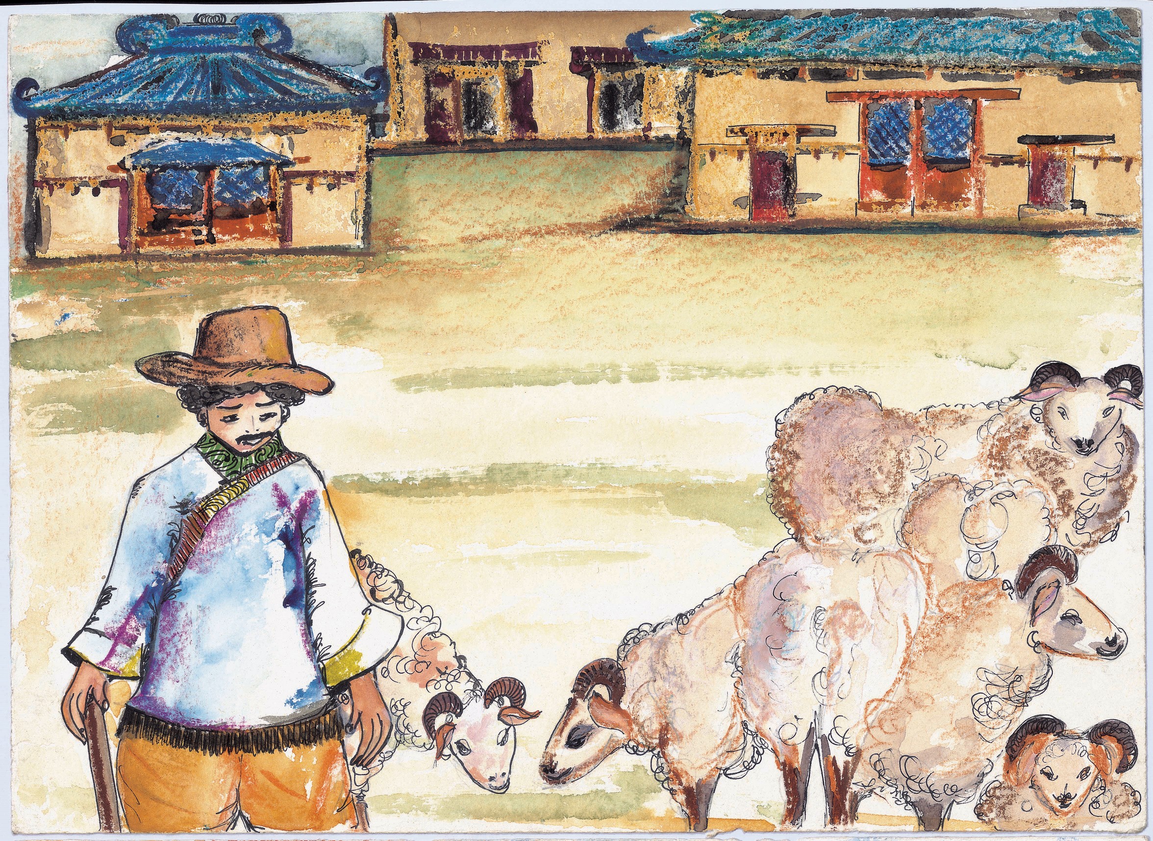 भेड़ों के झुंड के साथ एक लड़का।