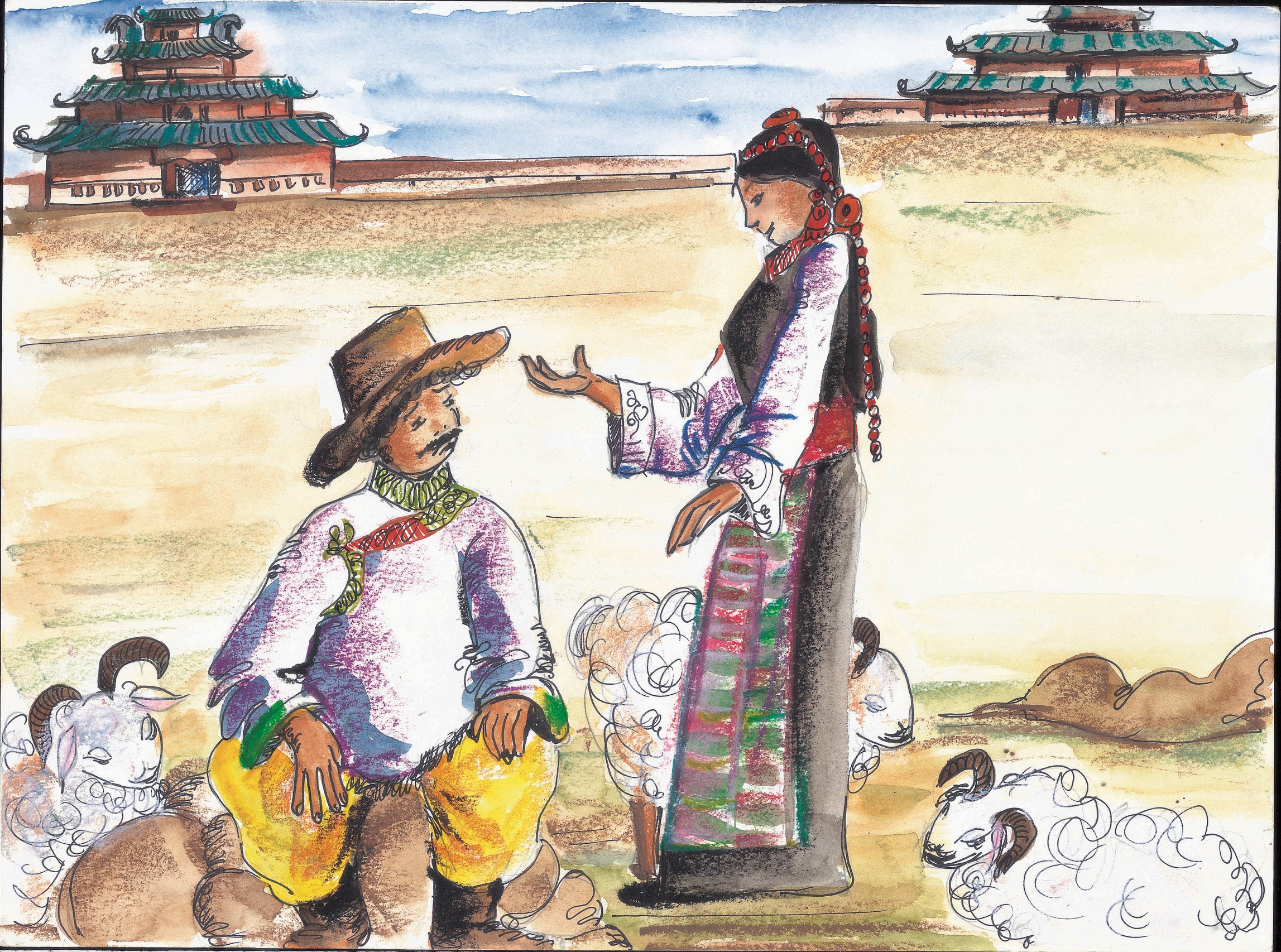 भेड़ों के झुंड के साथ बैठा एक लड़का एक लड़की से बात कर रहा है।