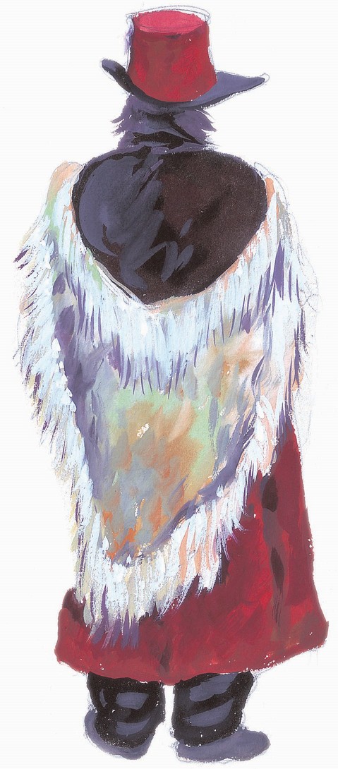 लंबे जूते और टोपी हने हुए एक व्यक्ति ।