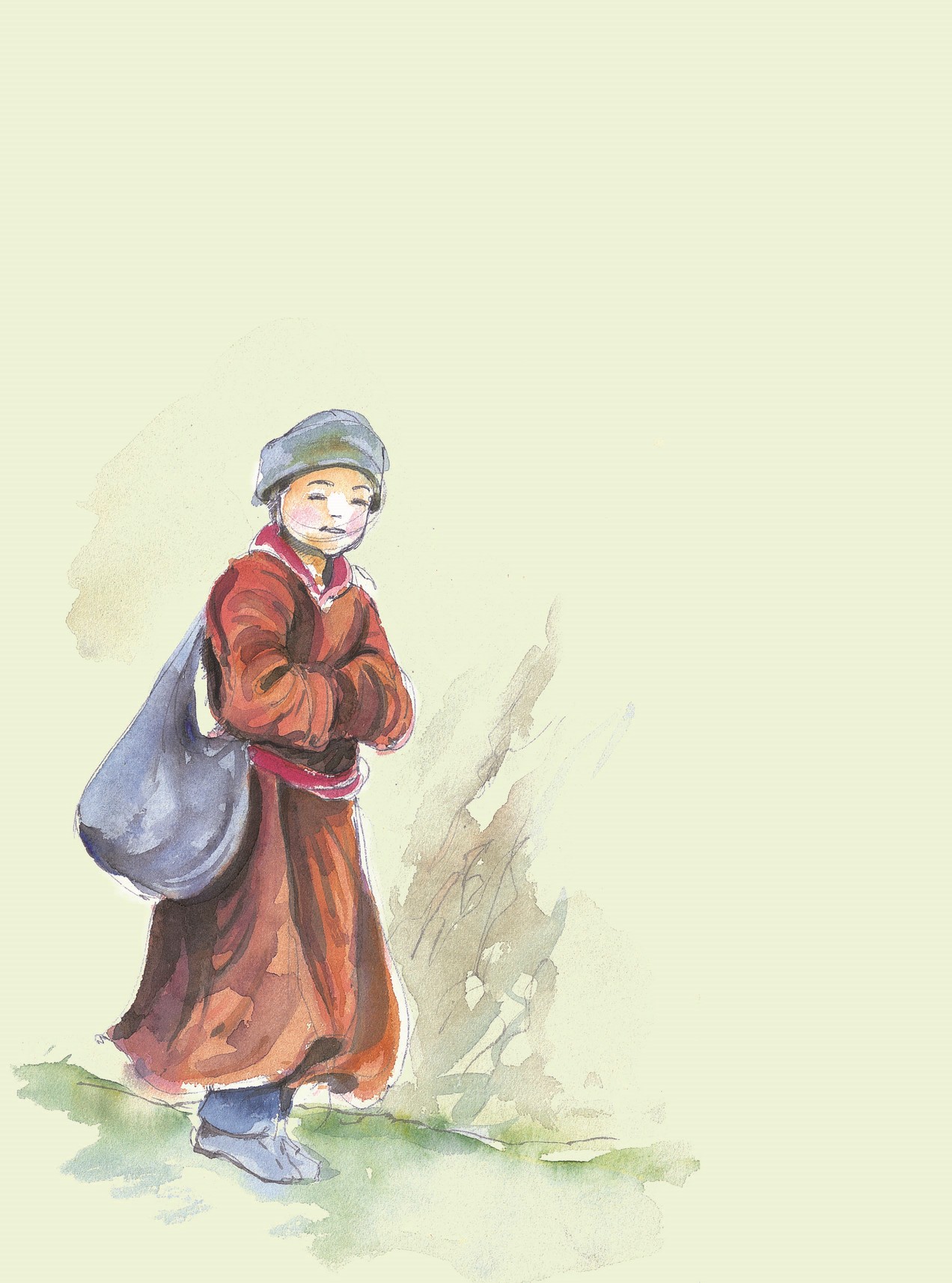 एक लंबी सी पोशाक पहने हुए बच्चा जिसने कंधे पर एक कपड़े का थैला लटका रखा है।