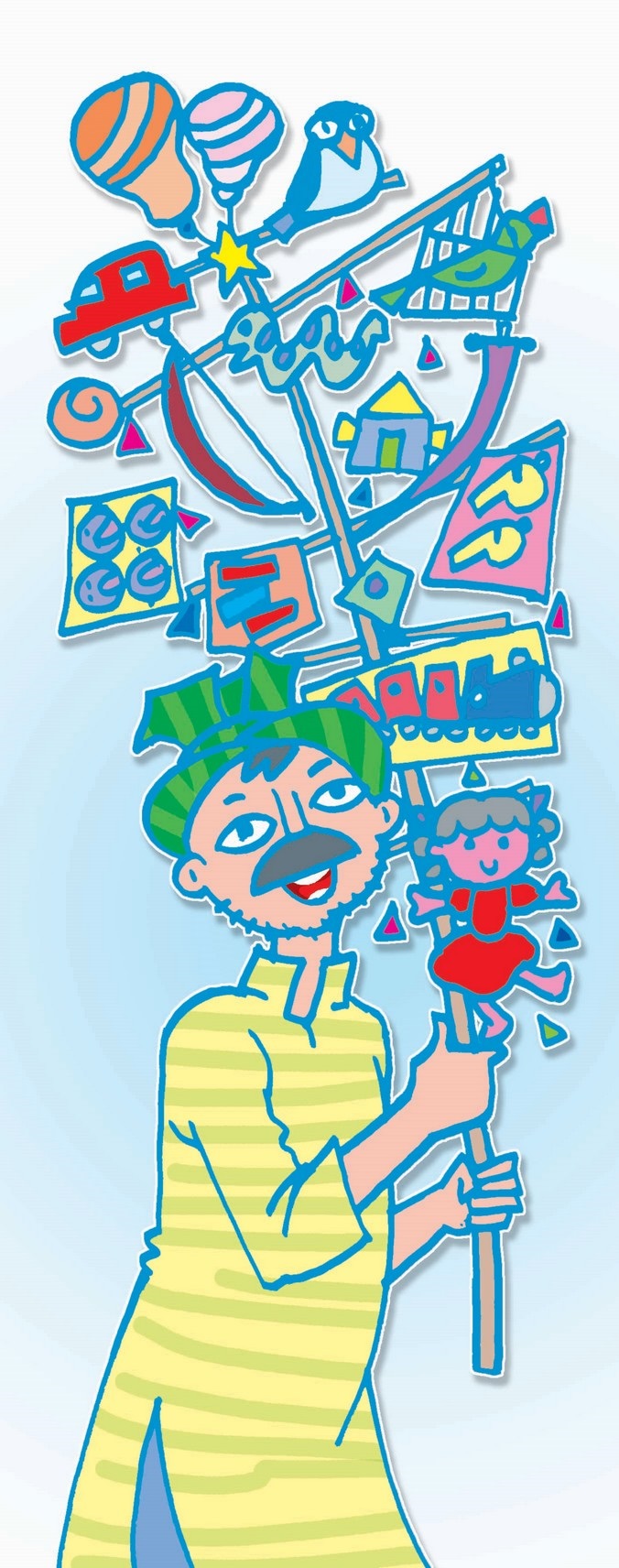 एक व्यक्ति ने एक डंडे पर अनेक खिलौने बांध रखे हैं।