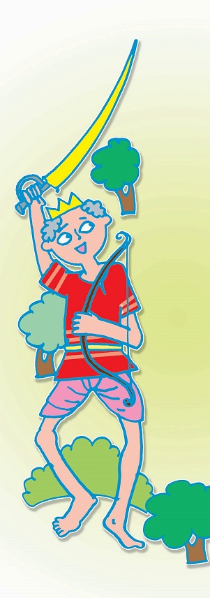 एक बच्चा हाथ में एक तलवार और धनुष बाण पकड़े हुए।