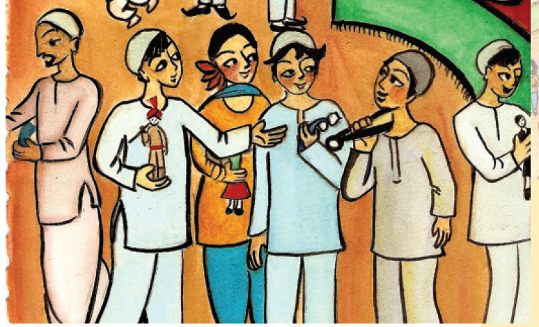 कुछ बच्चों के हाथों में गुड्डे गुड़ियाँ हैं तो किसी के हाथ में बाजा।