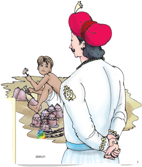 एक लड़का जमीन पर बैठा एक घंटी पर पत्थर से नक्काशी कर रहा है और पसशी राजा अकबर खड़े उसे देख रहे हैं।