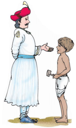 वह लड़का और राजा अकबर खड़े रहकर कुछ बात कर रहे हैं।