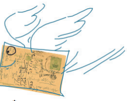 एक पत्र के आस पास पक्षी जैसे पंख बने हैं।