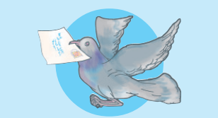 एक कबूतर की चोंच में एक पत्र है।