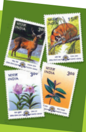चार विभिन्न स्टांपस, किसी पर कोई जानवर बना है तो किसी पर कोई फूल पत्तियां।