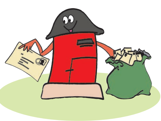 एक पत्र पेटी के दो हाथ बने हैं, एक हाथ में एक पत्र है और दूसरे हाथ में एक झोला है, जिसमे अनेक पत्र हैं।