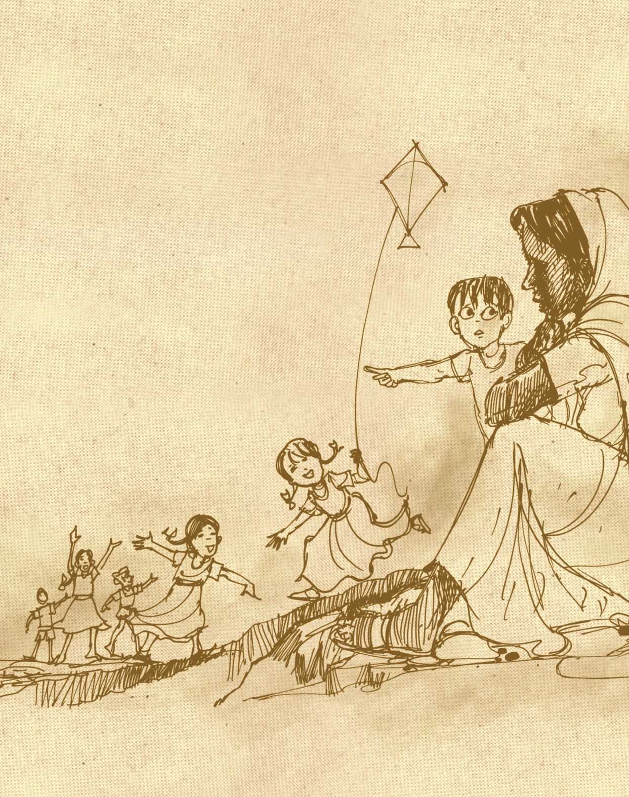 कुछ बच्चे पतंग उढ़ा रहे हैं और एक बच्चा अपनी माँ को उन बच्चों की ओर उंगली से इशारा कर के दिखा रहा है। 