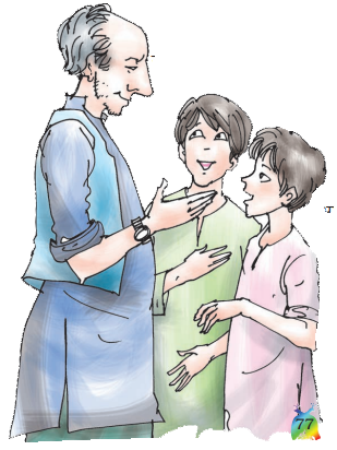 एक व्यक्ति दो लड़कों से बात कर रहा है।