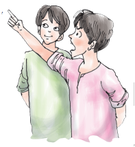 एक लड़के दूसरे लड़के को हाथ का इशारा कर के कुछ दिखा रहा है।