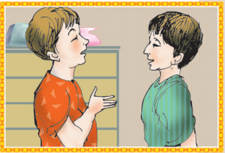 दो लड़के आपस में बात करते हुए। 