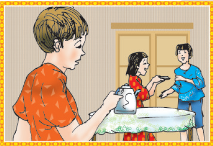 एक लड़का और एक लड़की बाते कर रहे हैं वहीं दूसरा लड़का चाय की केतली और कप उठा कर ला रहा है।