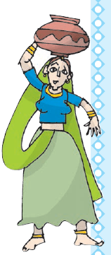 एक औरत सर पर मटका रखे हुए।