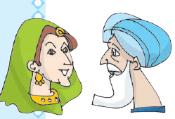 सफ़ेद दाढ़ी वाला व्यक्ति एक औरत से बात करते हुए।