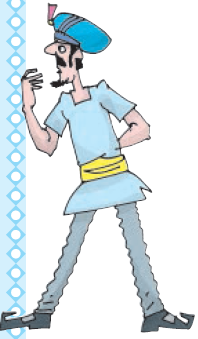 एक व्यक्ति जिसने नोकीले जूते पहने हैं, सर पर एक टोपी और पेट पर एक कपड़ा बंधा है।