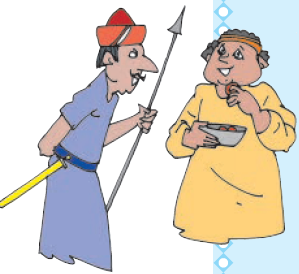 राज दरबार का संतरी चेले से बात करते हुए।