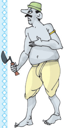 एक व्यक्ति हाथ में खुरपी लिए हुए।